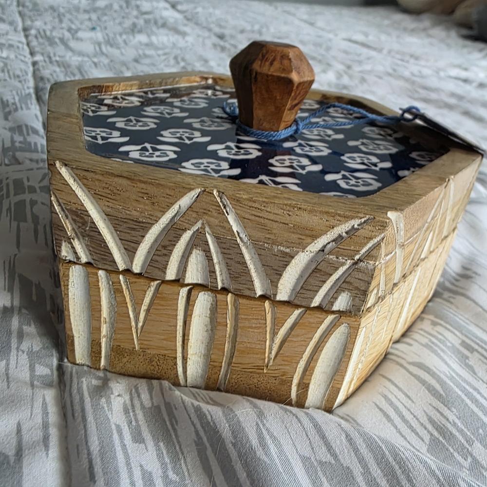 Carved Wooden Trinket Box with Blue Patterned Lid